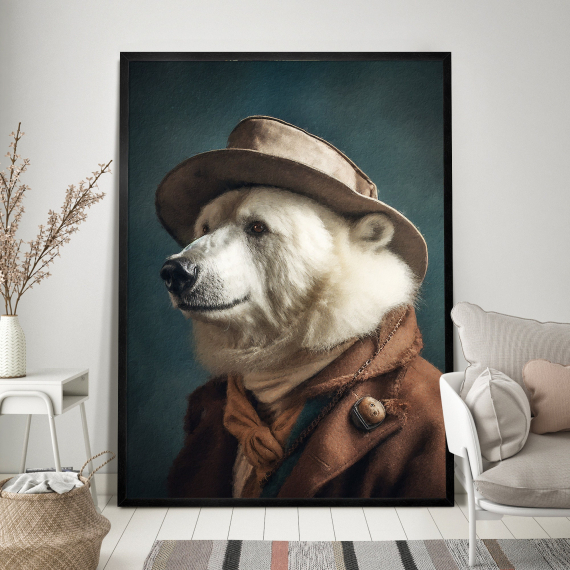Polar Bear Vintage Portrait - Animal Painting Altered Art Print  Animal Head & Human Body  Unique Art Print