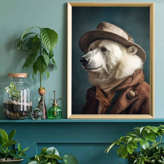 Polar Bear Vintage Portrait - Animal Painting Altered Art Print  Animal Head & Human Body  Unique Art Print
