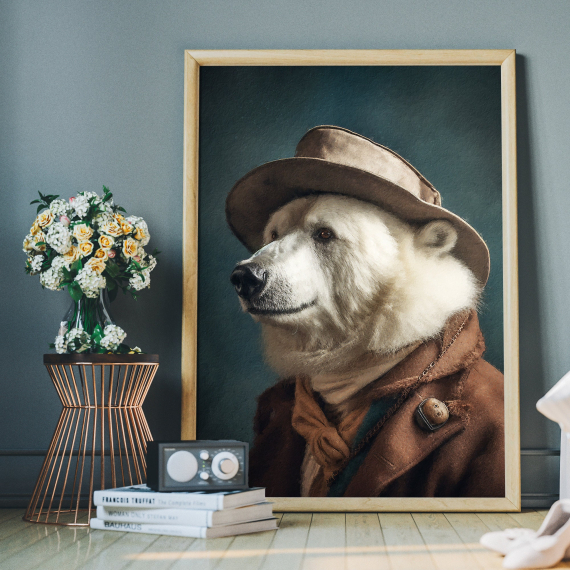 Polar Bear Vintage Portrait - Animal Painting Altered Art Print  Animal Head & Human Body  Unique Art Print