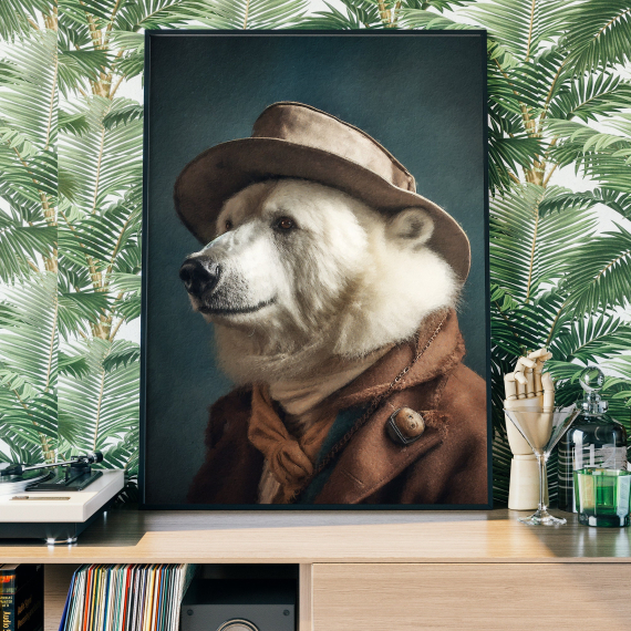 Polar Bear Vintage Portrait - Animal Painting Altered Art Print  Animal Head & Human Body  Unique Art Print
