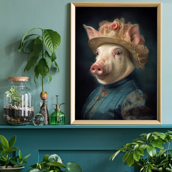 Pig Vintage Portrait Art Print  Renaissance Animal Painting  Altered Art Print  Animal Head Human Body  Farm Animal art