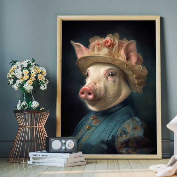 Pig Vintage Portrait Art Print  Renaissance Animal Painting  Altered Art Print  Animal Head Human Body  Farm Animal art