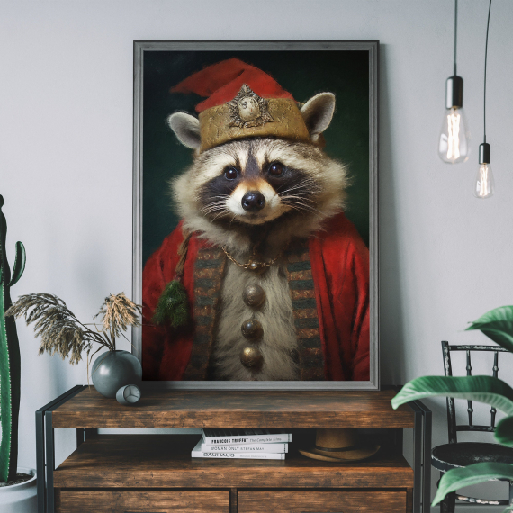 Christmas Raccoon Vintage Portrait  Renaissance Animal Painting  Festive Wall Art  Animal Head Human Body