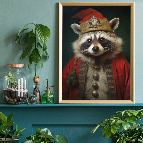 Christmas Raccoon Vintage Portrait  Renaissance Animal Painting  Festive Wall Art  Animal Head Human Body