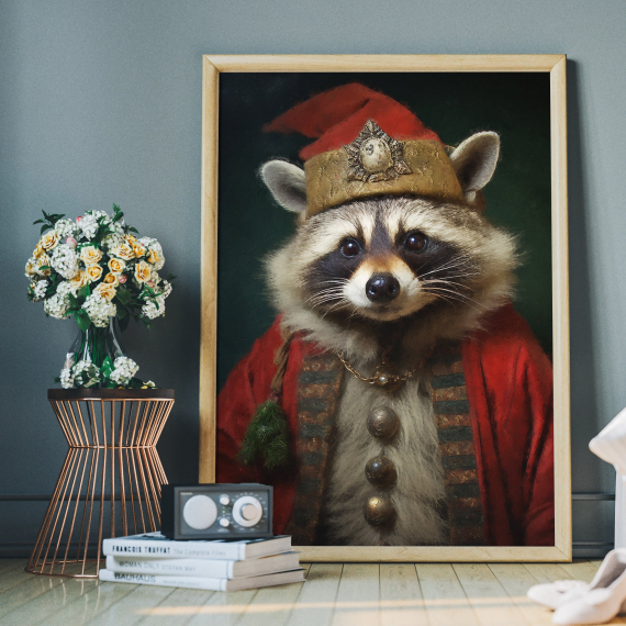 Christmas Raccoon Vintage Portrait  Renaissance Animal Painting  Festive Wall Art  Animal Head Human Body
