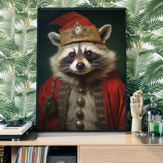 Christmas Raccoon Vintage Portrait  Renaissance Animal Painting  Festive Wall Art  Animal Head Human Body