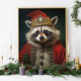 Christmas Raccoon Vintage Portrait  Renaissance Animal Painting  Festive Wall Art  Animal Head Human Body