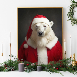 Christmas Polar Bear Vintage Portrait  Santa Poster  Renaissance Animal Painting  Festive Wall Art  Animal Head Human Body