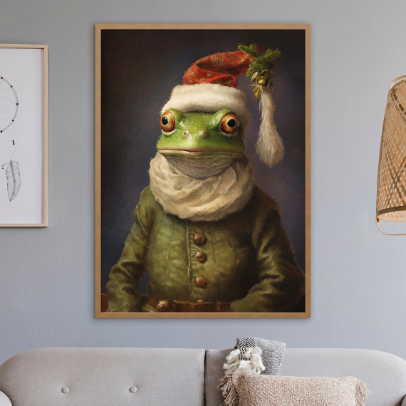 Christmas Frog Vintage Portrait  Renaissance Animal Painting  Festive Wall Art  Animal Head Human Body