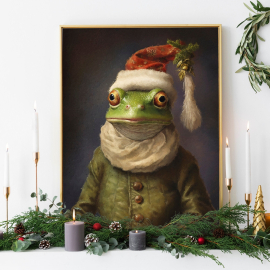 Christmas Frog Vintage Portrait  Renaissance Animal Painting  Festive Wall Art  Animal Head Human Body