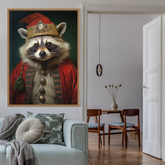 Christmas Raccoon Vintage Portrait  Renaissance Animal Painting  Festive Wall Art  Animal Head Human Body
