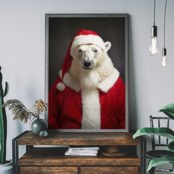 Christmas Polar Bear Vintage Portrait  Santa Poster  Renaissance Animal Painting  Festive Wall Art  Animal Head Human Body