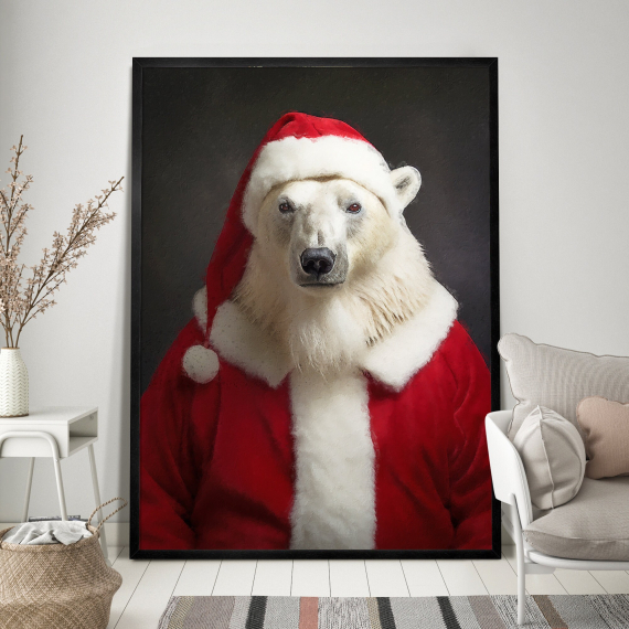Christmas Polar Bear Vintage Portrait  Santa Poster  Renaissance Animal Painting  Festive Wall Art  Animal Head Human Body