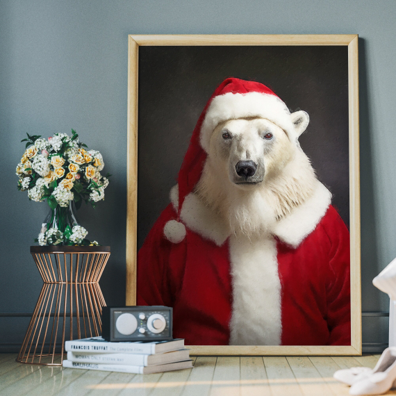 Christmas Polar Bear Vintage Portrait  Santa Poster  Renaissance Animal Painting  Festive Wall Art  Animal Head Human Body