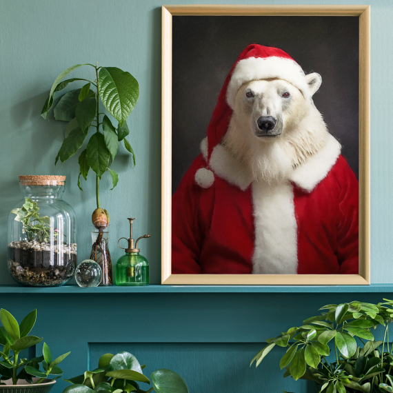 Christmas Polar Bear Vintage Portrait  Santa Poster  Renaissance Animal Painting  Festive Wall Art  Animal Head Human Body