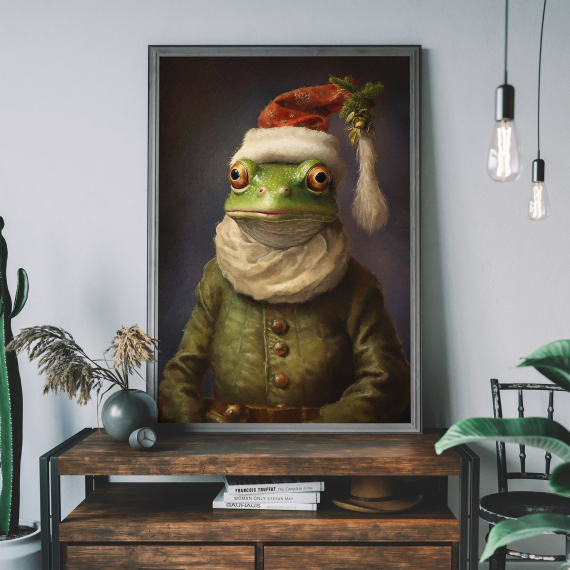 Christmas Frog Vintage Portrait  Renaissance Animal Painting  Festive Wall Art  Animal Head Human Body