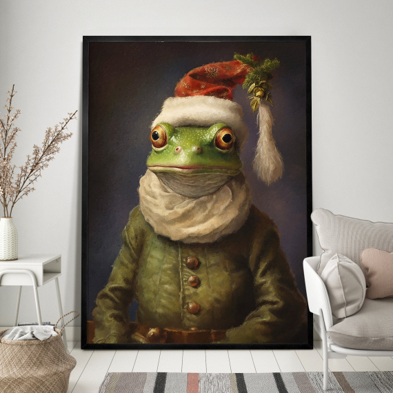 Christmas Frog Vintage Portrait  Renaissance Animal Painting  Festive Wall Art  Animal Head Human Body