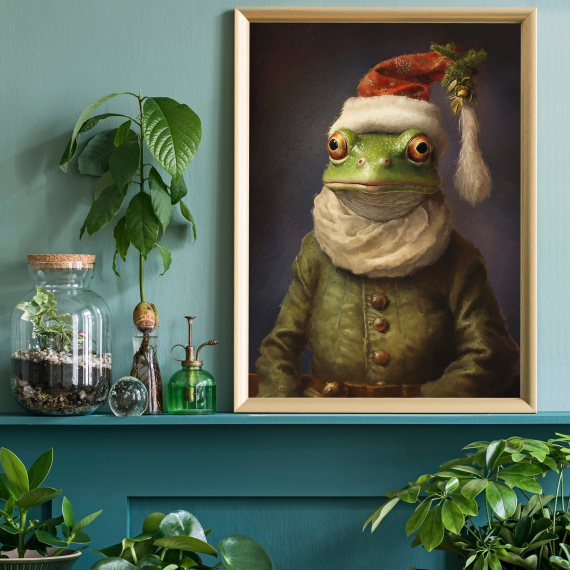 Christmas Frog Vintage Portrait  Renaissance Animal Painting  Festive Wall Art  Animal Head Human Body