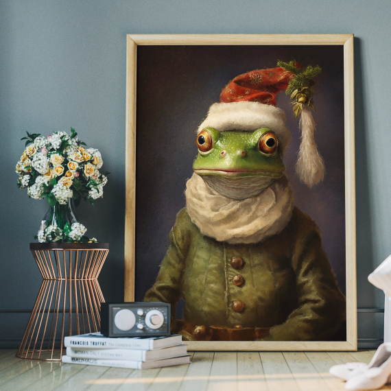 Christmas Frog Vintage Portrait  Renaissance Animal Painting  Festive Wall Art  Animal Head Human Body