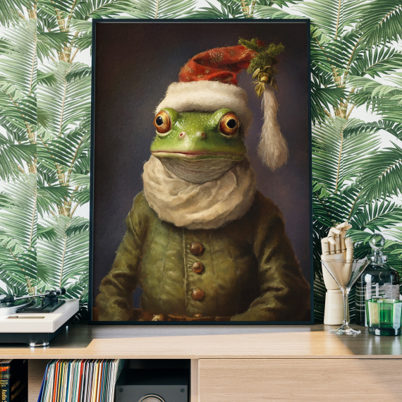 Christmas Frog Vintage Portrait  Renaissance Animal Painting  Festive Wall Art  Animal Head Human Body