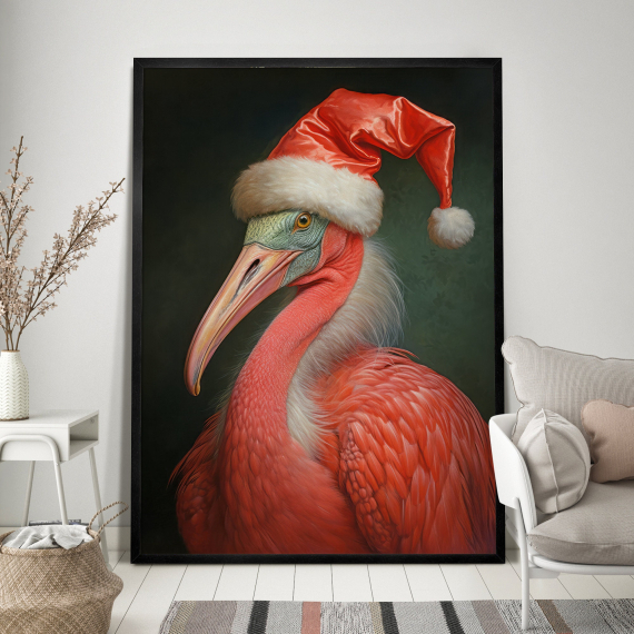 Christmas Flamingo Vintage Portrait  Renaissance Animal Painting  Festive Wall Art  Animal Head Human Body
