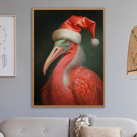 Christmas Flamingo Vintage Portrait  Renaissance Animal Painting  Festive Wall Art  Animal Head Human Body