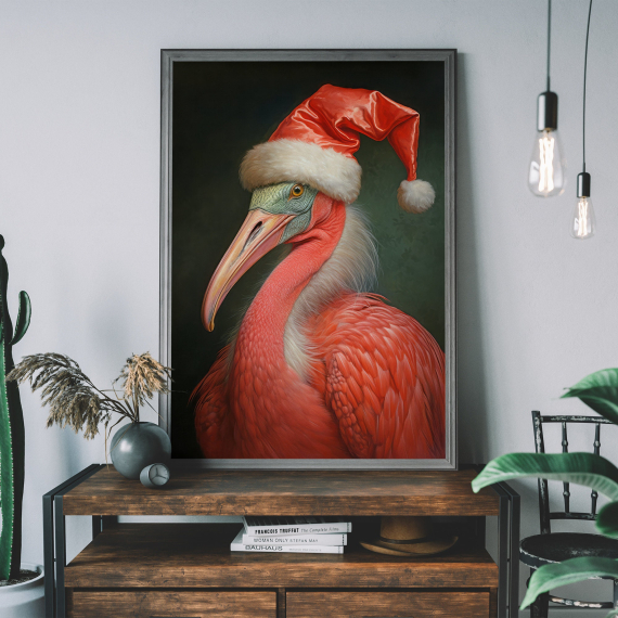 Christmas Flamingo Vintage Portrait  Renaissance Animal Painting  Festive Wall Art  Animal Head Human Body