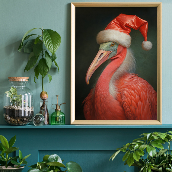 Christmas Flamingo Vintage Portrait  Renaissance Animal Painting  Festive Wall Art  Animal Head Human Body