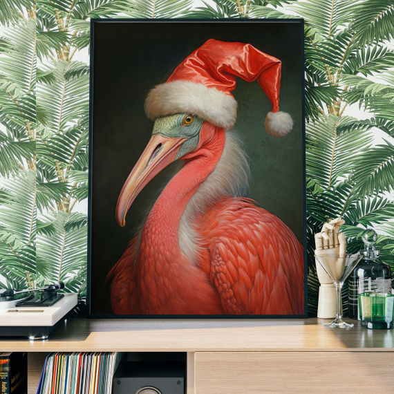 Christmas Flamingo Vintage Portrait  Renaissance Animal Painting  Festive Wall Art  Animal Head Human Body