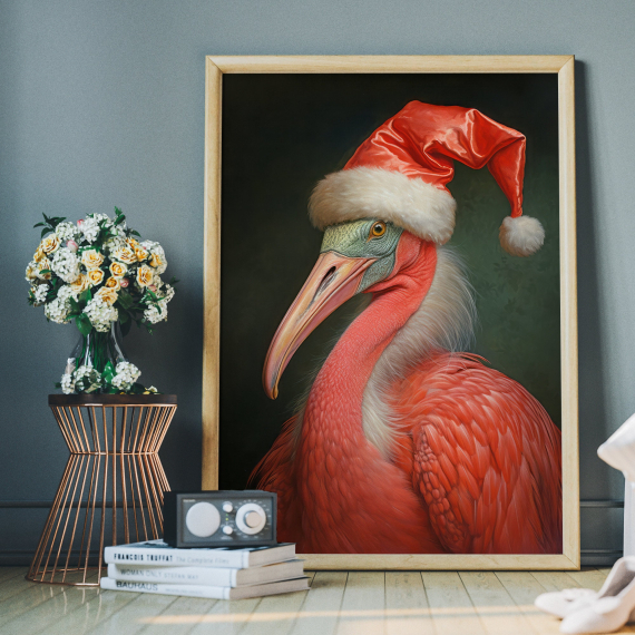 Christmas Flamingo Vintage Portrait  Renaissance Animal Painting  Festive Wall Art  Animal Head Human Body
