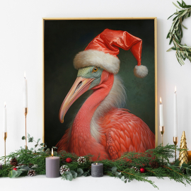 Christmas Flamingo Vintage Portrait  Renaissance Animal Painting  Festive Wall Art  Animal Head Human Body
