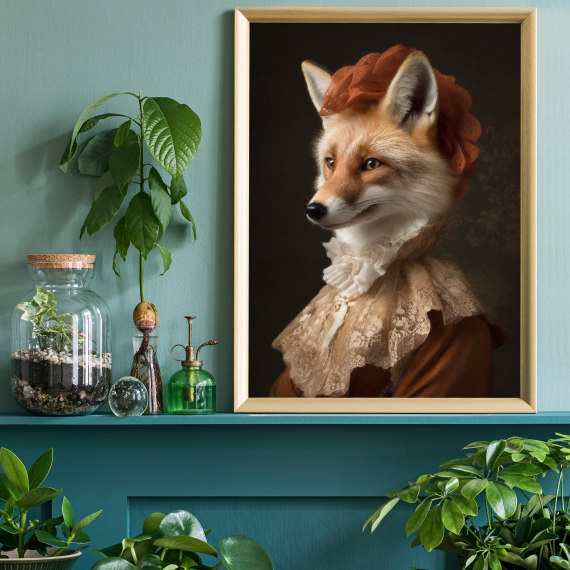 Fox Vintage Portrait  Renaissance Animal Painting  Altered Art Print  Animal Head Human Body  Cool Home Decor