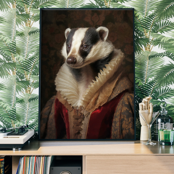 Badger Vintage Portrait  Renaissance Animal Painting  Altered Art Print  Animal Head Human Body  Cool Home Decor