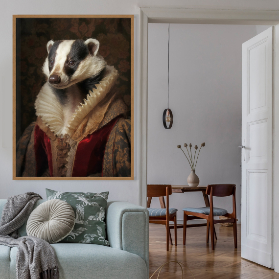 Badger Vintage Portrait  Renaissance Animal Painting  Altered Art Print  Animal Head Human Body  Cool Home Decor