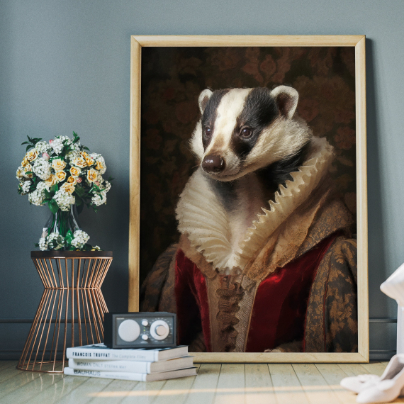 Badger Vintage Portrait  Renaissance Animal Painting  Altered Art Print  Animal Head Human Body  Cool Home Decor