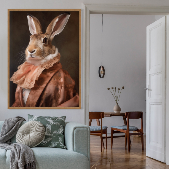 Rabbit Portrait Art Print  Renaissance Animal Painting in Pantone Colour of the Year Peach Fuzz  Animal Head Human Body