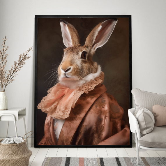 Rabbit Portrait Art Print  Renaissance Animal Painting in Pantone Colour of the Year Peach Fuzz  Animal Head Human Body