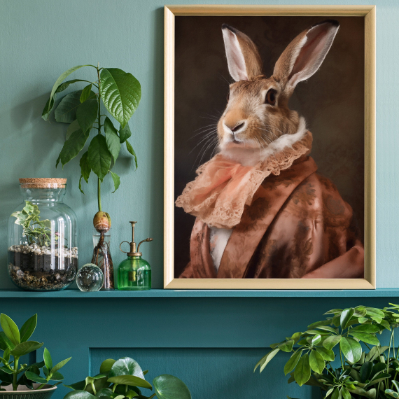 Rabbit Portrait Art Print  Renaissance Animal Painting in Pantone Colour of the Year Peach Fuzz  Animal Head Human Body