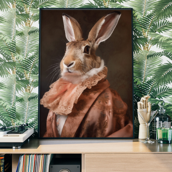 Rabbit Portrait Art Print  Renaissance Animal Painting in Pantone Colour of the Year Peach Fuzz  Animal Head Human Body