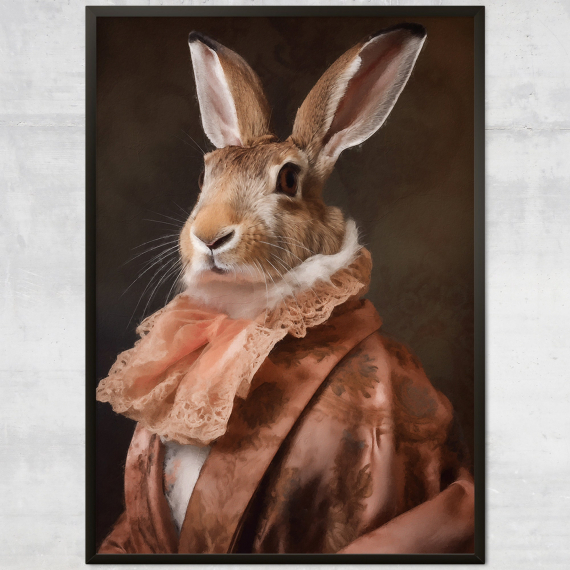 Rabbit Portrait Art Print  Renaissance Animal Painting in Pantone Colour of the Year Peach Fuzz  Animal Head Human Body