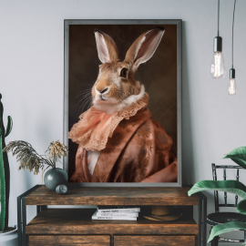 Rabbit Portrait Art Print  Renaissance Animal Painting in Pantone Colour of the Year Peach Fuzz  Animal Head Human Body