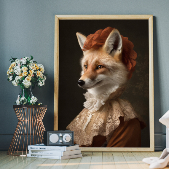 Fox Vintage Portrait  Renaissance Animal Painting  Altered Art Print  Animal Head Human Body  Cool Home Decor