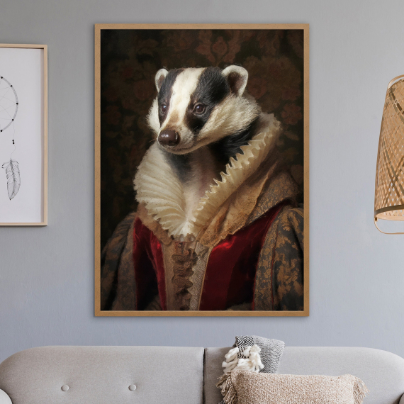 Badger Vintage Portrait  Renaissance Animal Painting  Altered Art Print  Animal Head Human Body  Cool Home Decor