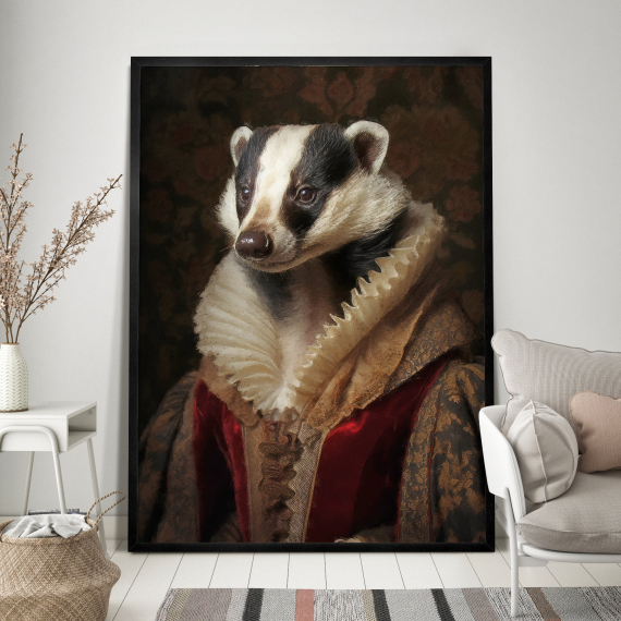 Badger Vintage Portrait  Renaissance Animal Painting  Altered Art Print  Animal Head Human Body  Cool Home Decor