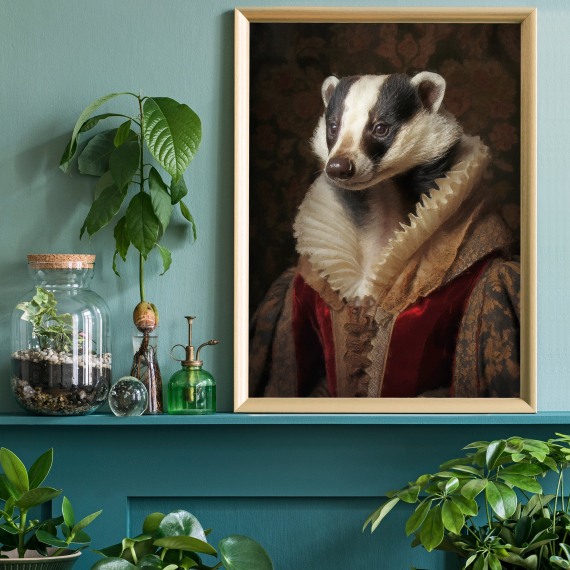 Badger Vintage Portrait  Renaissance Animal Painting  Altered Art Print  Animal Head Human Body  Cool Home Decor