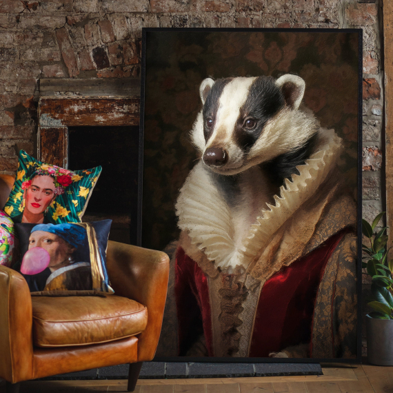 Badger Vintage Portrait  Renaissance Animal Painting  Altered Art Print  Animal Head Human Body  Cool Home Decor