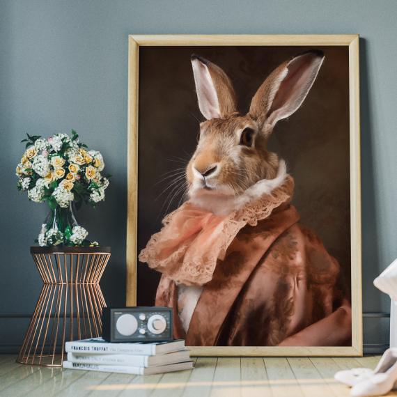Rabbit Portrait Art Print  Renaissance Animal Painting in Pantone Colour of the Year Peach Fuzz  Animal Head Human Body