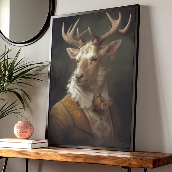 Stag Vintage Portrait Art Print - Renaissance Animal Painting  Animal Head Human Body  Unique Art Print  Aristocrat Animal