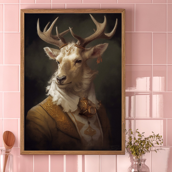 Stag Vintage Portrait Art Print - Renaissance Animal Painting  Animal Head Human Body  Unique Art Print  Aristocrat Animal