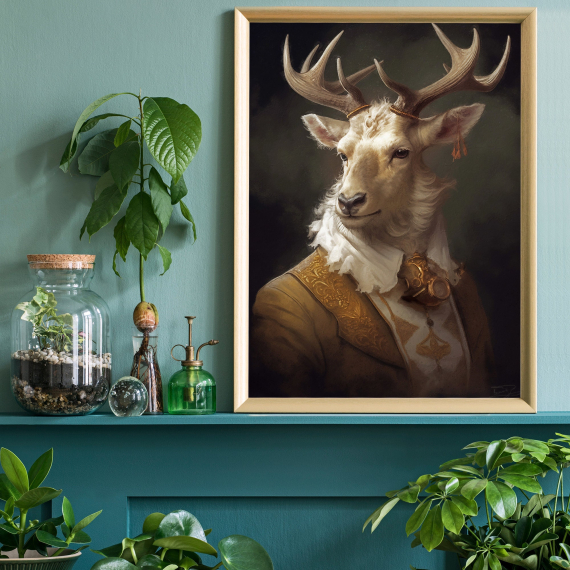 Stag Vintage Portrait Art Print - Renaissance Animal Painting  Animal Head Human Body  Unique Art Print  Aristocrat Animal